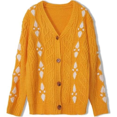 Autumn Kawaii Fashion Stylen OVersized Kawaii Cardigan Fall Women Sweaters V neck Floral Embroidery Orange Femmes Knitted Top