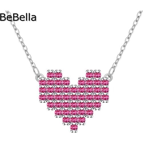 BeBella Cute Pixelate Pink Heart Pendant Necklace With Cubic Zirconia Fashion Jewelry For Women Girl Wedding Christmas gift