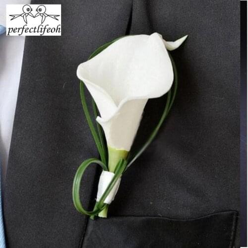 Perfectlifeoh white calla lily flower Corsage Groom groomsman Wedding party Man suit men Boutonniere pin brooch Hot Lapel Flower