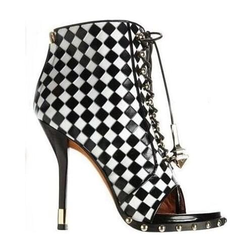 Sexy New Designer Check-Embossed Leather Lace-Up Ankle Boot High Heel Open toe Weave Studded Bootie High Heel Dress Pumps