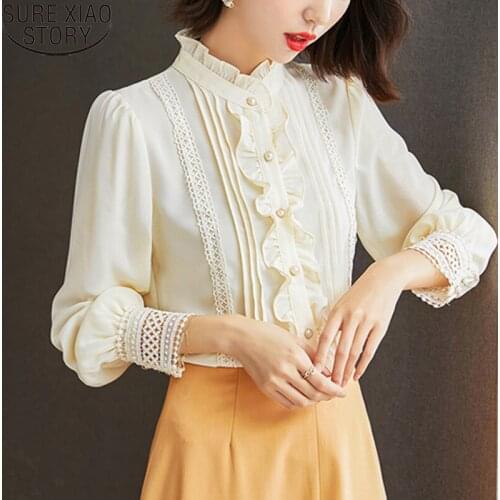 Elagant Ruffles Chiffon Blouses Women Long Sleeve Shirt Autumn Temperament Shirt Apricot Simple Stand Collar Women Tops 16202
