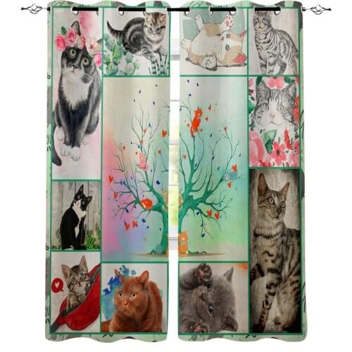 Colorful Plaid Cat Flowers Retro Blackout Curtains for Children Kids Home Decor Bedroom Living Room High Shading Window Curtains