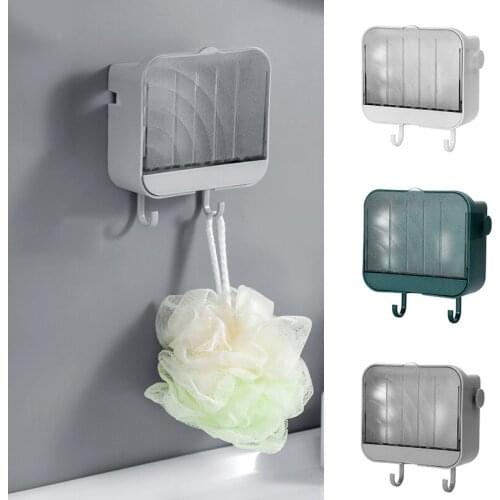 Punch Free Drain Rack Wall Climb Soap Box With Lid and 2 Heavy Duty Hooks Container for Kitchen Bathroom XH8Z