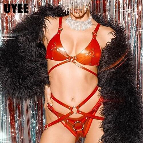 UYEE Sexy Red Full Body Harness Belts PU Leather Bra Bondage Thigh Garter Lingerie Women Chest Suspenders Goth Bra Cage Harness