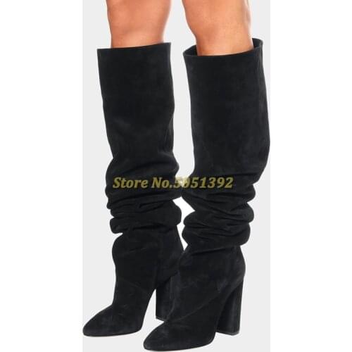 Suede Block Heel Winter Long Boots Solid Black Brown Beige Pleated Women Winter Boots Pointed Toe Square Heel Over The Knee Boot