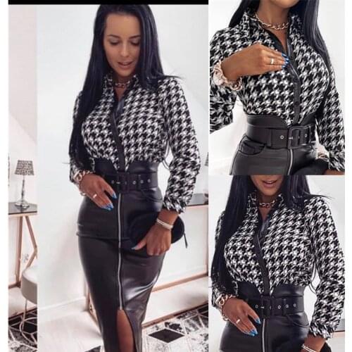 2021 Fashion Print PU Leather Blouse Spring Long Sleeve Buttons Tops Office Ladies O Neck Slim Shirt Turn Down Collar
