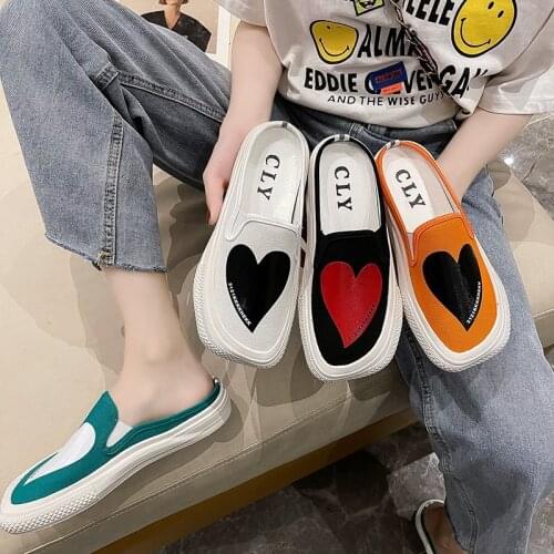 Heart Print Summer Casual Loafers Women Flat Breathable Platform Slippers Women Mules Slip on Canvas Female Shoes лоферы женские