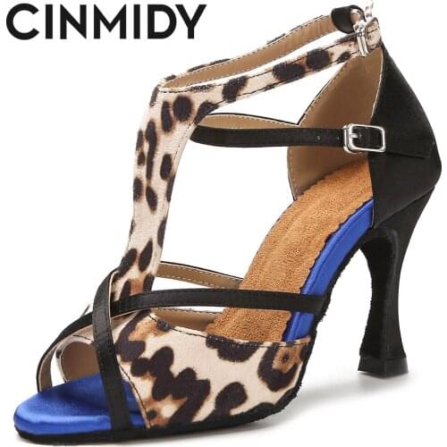 CINMIDY Leopard Satin Sexy Latin Dance Shoes Tango Salsa Rumba Samba Professional Ballroom Dancing Shoes Women Sandals 5CM-10CM