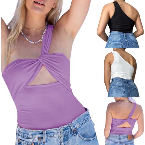 Women’s Fashion Solid Color Knotted Vest Sexy Oblique Shoulder Hollow Slim Fit Sleeveless Tops