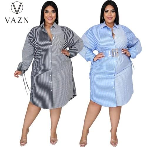 VAZN 2021 Autumn Shirt Dress Patchwork Striped Young Daily Free Sweet Full Sleeve Nature Long Dress Women For Evening Robe