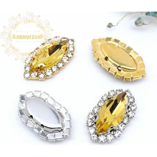 Golden yellow horse eye shape Glass Crystal sew on rhinestones with Crystal buckle Diy wedding dresss Free shipping