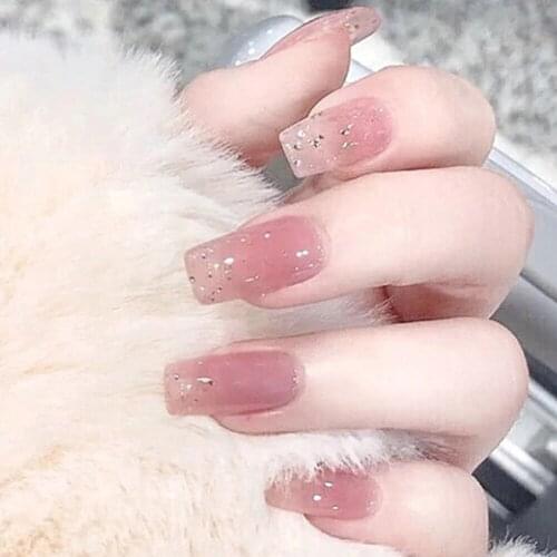 24PCS Pink Glitter Square Head False Nails Full Cover Detachable Jelly Fake Nails Wearable Nail Tips Artificial Manicure Tools