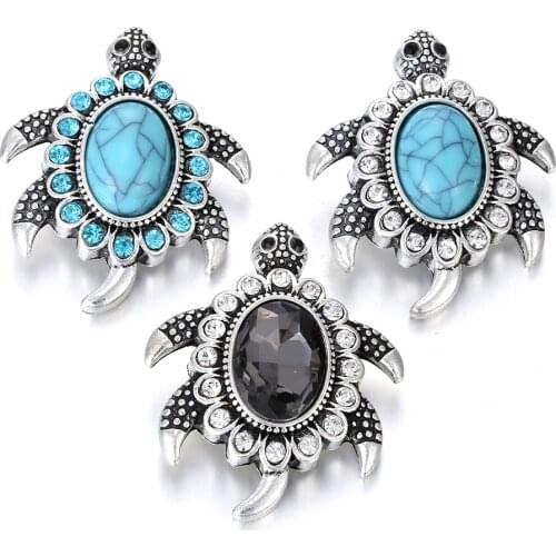 6Pcs/lot New Fashion 18MM Crystal Turtle Metal Snap button Jewelry For Bangle Women Charm Bracelets