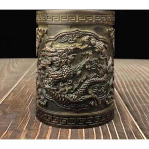 China brass archaize relief dragon Pattern Pen holder crafts statue