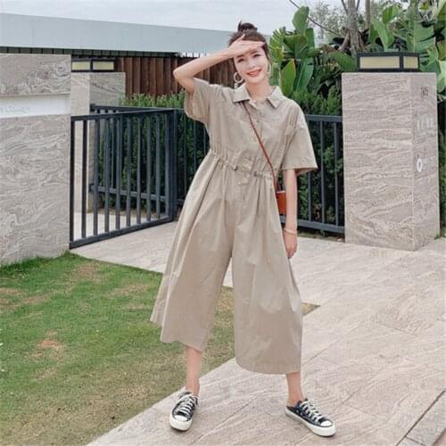 Khaki Jumpsuit Dress for Women 2021 Summer Fashion Elegant Loose Wide Leg Overalls Drawstring Shirts Style One Piece Pants Sets