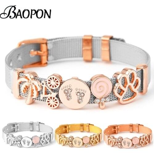 Gold Color Slide Charm Bracelets Set With 10mm Lovely Dog Paw Bicycle Keeper Stainless Steel Mesh Bracelet For Women Men Jewelry