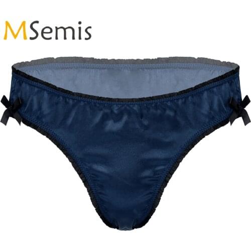 Mens Lingerie Sissy Underwear Frilly Low Waist Satin Briefs Sissy Panties Nightwear Bowknot Decor Elastic Waistband Underpants