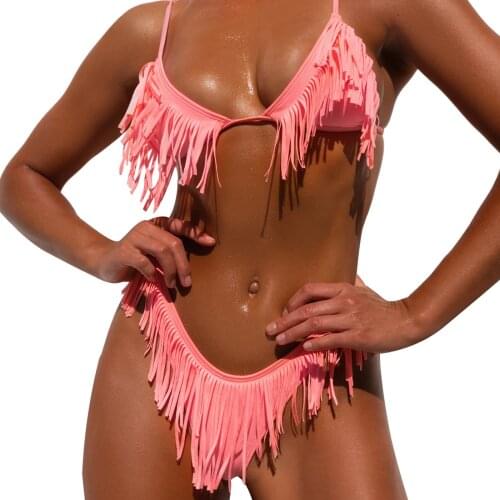 Tassels Two-Piece Women’s Swimsuit Solid Color Push Up Bikini Sets Brazilian Bikini Summer Bathing Suit Sexy Beachwear 2021