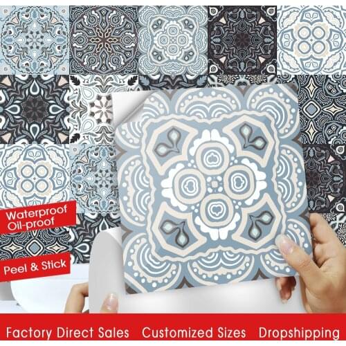 Gray & Blue Floral Backgrounds Hard Tiles Wall Stickers Kitchen Bathroom Decoration Poster Peel & Stick Ground Floor Art Mural