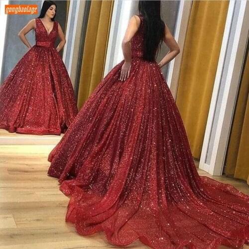 Sparkly Red Evening Gowns 2020 V Neck Robe De Soiree Women Party Dresses Formal Sequined Vestidos De Fiesta De Noche Custom Made