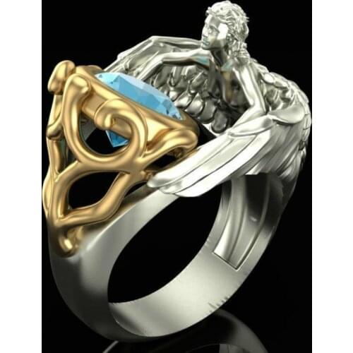 Vintage 925 Silver Sea Blue AAA Zircon Angel Wing Ring Wings Bicolor Ring Party Gift Jewelry Ring