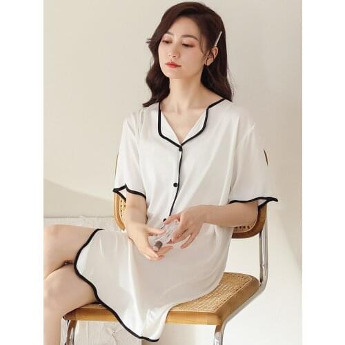 Womens Nightdress Short-Sleeves Satin Bedgown Sweet White Nightgown Loose Summer Sexy Ice-silk Vintage Robe Home Clothes