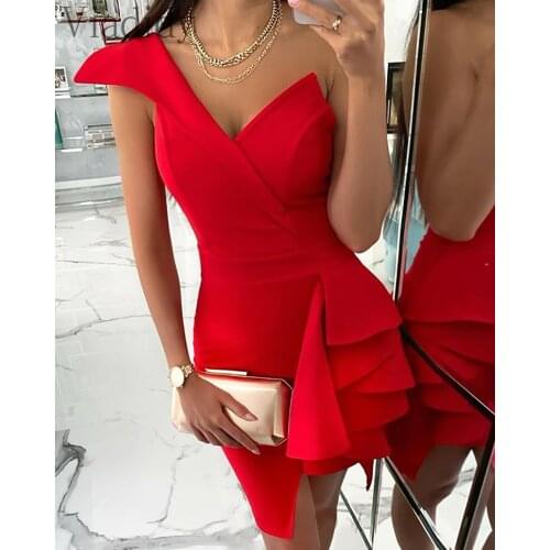 Women Solid Color One Shoulder V-Neck Ruffle Hem Bodycon Dress