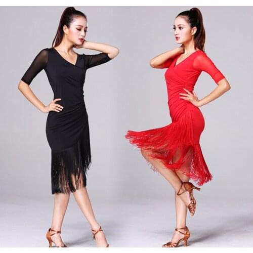 2020 New Ladies Latin Dance Dress Women Black Stage Costumes Tassel Salsa V-Neck Rumba/Samba Salsa Perform Fitness Dancewear
