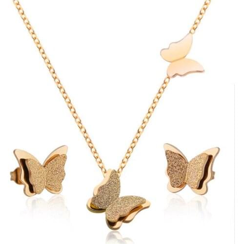 Gold Stainless Steel Jewelrys Sets for Women Statement Matte Butterfly Necklaces Earrings Animal Choker Bridal Accessories