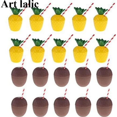 12Pcs/Lot Plastic Pineapple Coconut Drinking Cup Fruit Shape Juice Party Cups Hawaii Luau Birthday Summer Beach Pool Party Decor