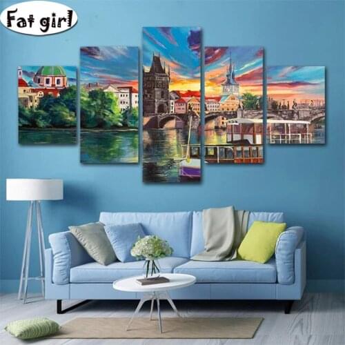 Diamond Embroidery Painting 5 Panel City Town Lake Bridge Scenery 3D Full Square Round Drill Rhinestone Cross Stitch Mosaic Kits