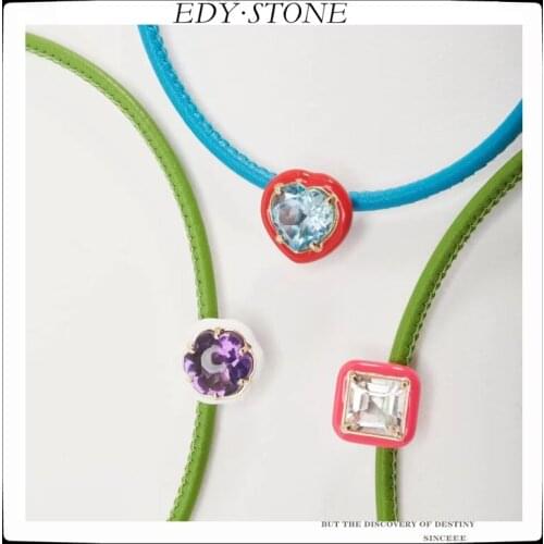 EDY 2021 New Real Leather Geometric Diamond Simple Personality Trendy Clavicle Chain Necklace For Women Girls Party Jewelry