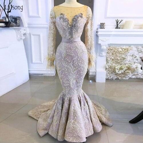 Elegant Lace Mermaid Evening Dresses Full Sleeves Beaded Feather Long Prom Gowns Crystal Formal Party Dresses Robe De Soiree