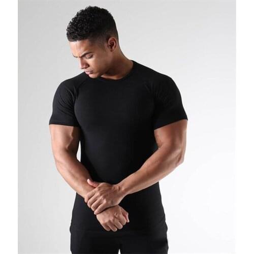 Summer T-Shirt Mens Fitness Workout Solid Short Male Bodybuilding Workout Tee Shirt Summer Casual Quick-Dry Tops Clothing
