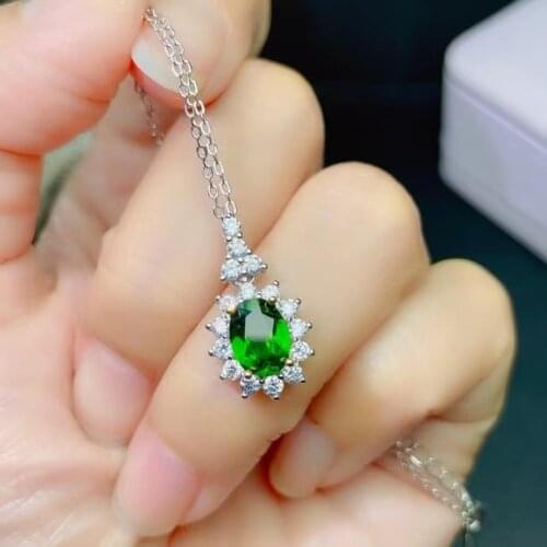 Classic Gemstone Silver Pendant for Daily Wear 6mm*8mm Natural Chrome Diopside Pendant 925 Silver Diopside Necklace Pendant