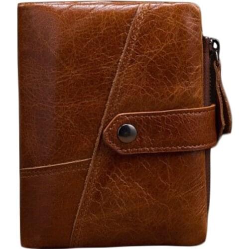 100% Cowhide Genuine Leather Wallet Mens Short Zipper Bag Purse Classic Style Male Stitching Clutch Bags High Quality Handbags