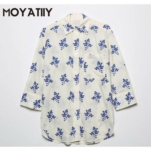 MOYATIIY Fashion Women 2021 New Arrival Summer Casual Shirts with Embroidery Blue Flower Long Blouse with Pockets Female Tops