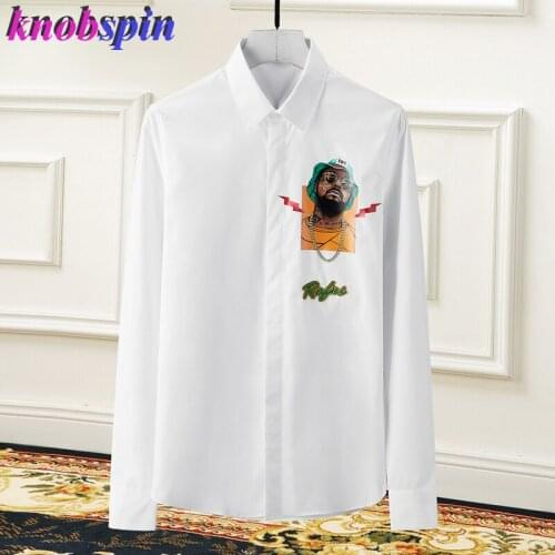 Brand New men Shirt 2019 Cool men Printed Letters Embroidery Chemise homme Slim long sleeve Casual Shirts Big Size 4XL Camisas