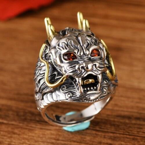 S925 Silver Two-color Stereo Dragon King Leading Domineering Open Mens Ring