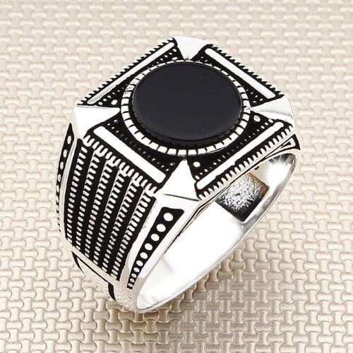 Round Black Onyx Mini Stone Men Silver Ring With Symmetrical Motif Made in Turkey Solid 925 Sterling Silver