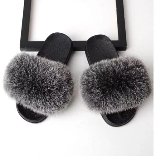 2020 Soft Natural Real Fox Fur Slippers PVC Soles Women Flat Sandals Female Cute Fluffy House Shoes