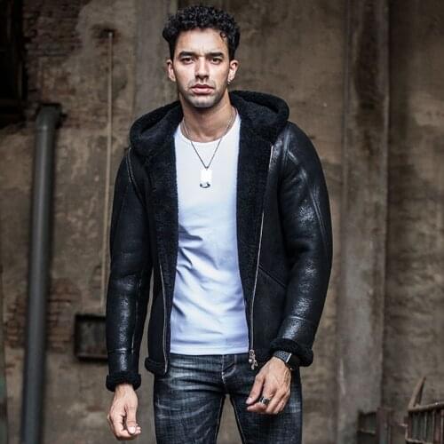 New Mens Shearling Jacket Hooded Leather Jacket Short Fur Coat Black Bomber Jacket Mens Sheepskin Coat