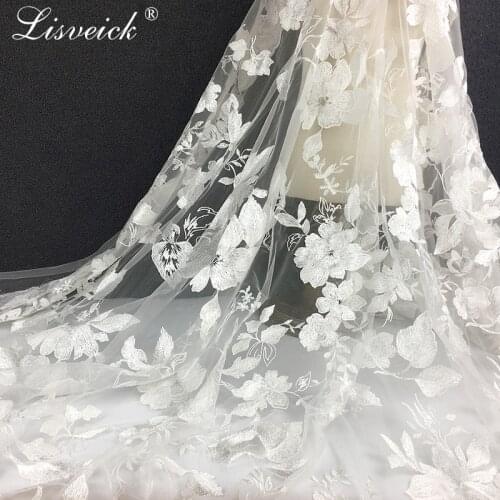 New 1Yard white embroidered lace fabric tulle exquisit High quality heavy flower wedding dress fabric veil mterial