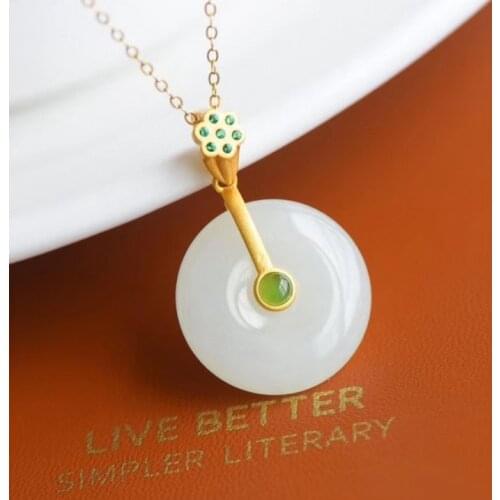 New silver natural Hetian white jade lotus Pendant Necklace Chinese style retro elegant fresh small design womens brand jewelry
