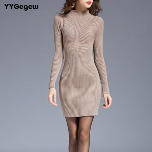 Autumn Winter Women Knitted Dresses Casual Turtleneck Long Sleeve Thick Warm Women Slim Sweater Dress Female Robe Bodycon