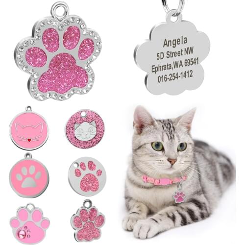 Custom Cat ID Tag Personalized Cat Name Tag Pendant Collar Engraved Cats Kitten Name Plate Accessories Paw Round Glitter Pink