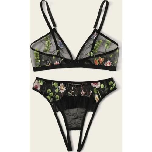 Sexy Lace Lingerie Set Floral See Through Transparent Embroidery Mesh Bra and Panty Temptation Underwear Set Femme Nightwear