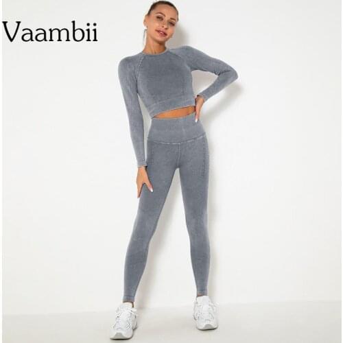 Wash Style Sports Clothes For Woman Seamless Sport Clothing Free Shipping Women High Waist Leggings Suit Long Sleeve Crop Top