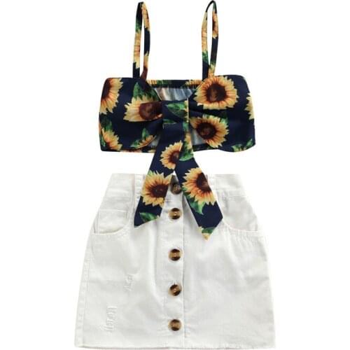 1-6Years Fashion Girls Summer Clothing Sets Sunflower Print Sleeveless Bowknot Tanks Tops+Button A-line Skirts Casual Outfits