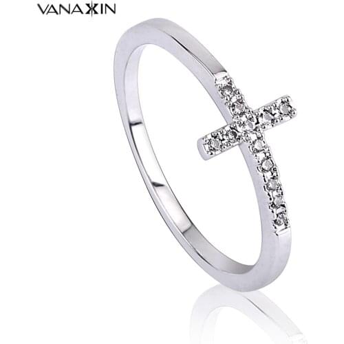 VANAXIN Faith Cross Shape Finger Rings for Women White Clear AAA Cubic Zirconia Date Jewelry Gift Ladies Silver Color